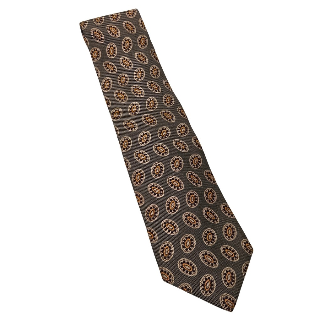 Ermenegildo Zegna Silk Tie Mens Green Brown Geometric Paisley Pattern Luxury